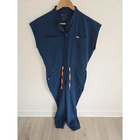 FIGS Rafaela Cargo Scrub Jumpsuit Deep Reef Blue Orange L Large Short Sleeves - Picture 2 of 10